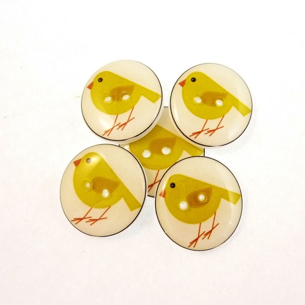 5 Moss Green Bird Buttons.  Handmade Sewing Buttons.   3/4" or 20 mm. Greenish Yellow Birds.