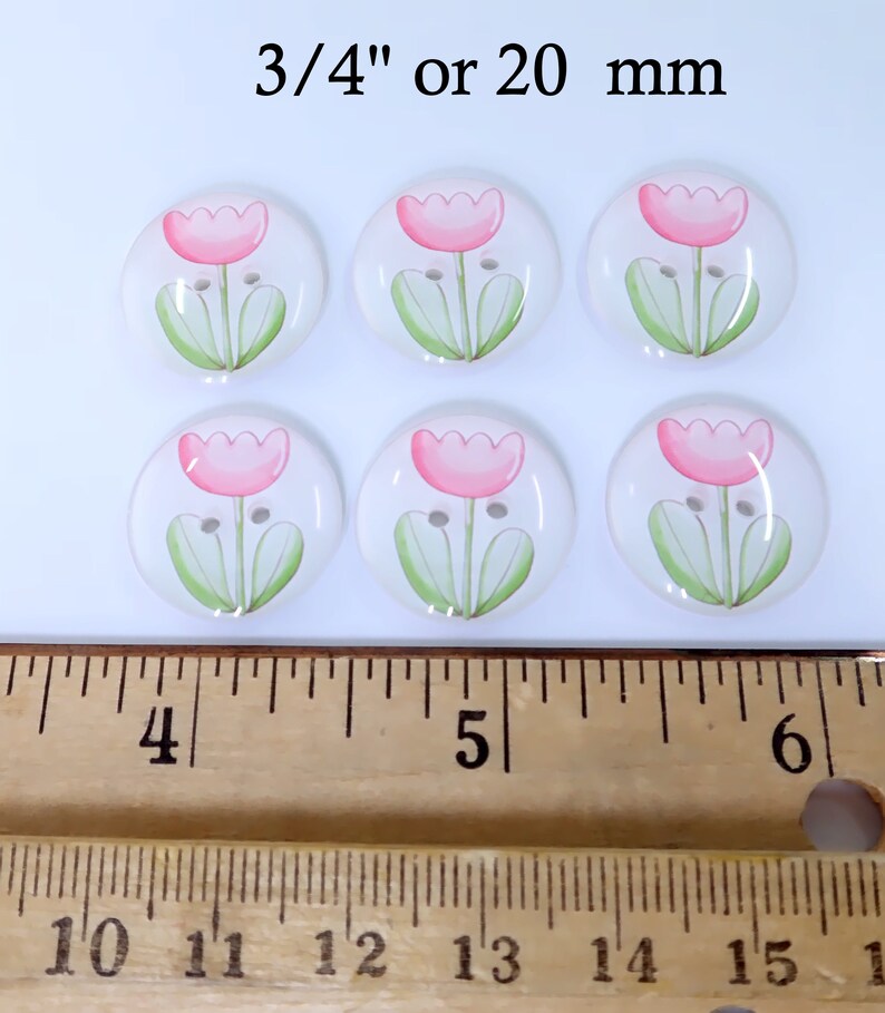 HANDMADE Buttons. Set of 6 Handmade Pink Flower or Tulip Sewing Buttons. Assorted Sizes Available. Extra large to Extra Small. image 9