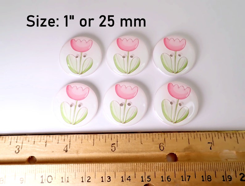 HANDMADE Buttons. Set of 6 Handmade Pink Flower or Tulip Sewing Buttons. Assorted Sizes Available. Extra large to Extra Small. 1" or 25 mm