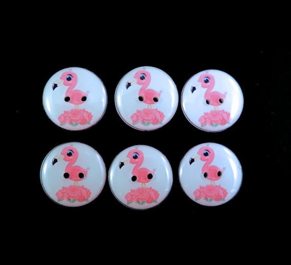 6 Pink Flamingo Buttons. Decorative Novelty Sewing Buttons