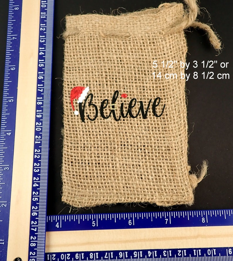 ONE Small Believe Christmas Gift Bag Choose Your Material. Reusable Burlap or Cotton Gift Bag