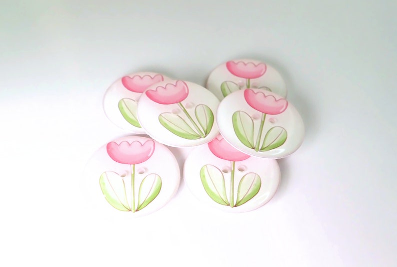 HANDMADE Buttons. Set of 6 Handmade Pink Flower or Tulip Sewing Buttons. Assorted Sizes Available. Extra large to Extra Small. image 5