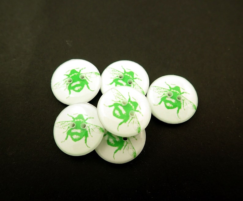 6 Handmade Lime Green Bee Buttons.