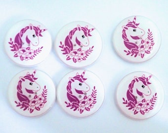 6 Extra Large  Handmade Purple Unicorn and Flower Buttons.  Washable Handmade Embellishment for Knitting or Sewing.  1 1/4" or 32 mm.