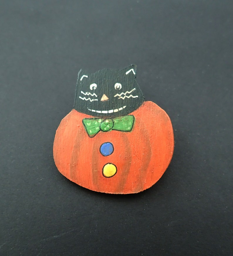 Hand Painted Wooden Cat in Pumpkin Halloween Pin or Brooch.