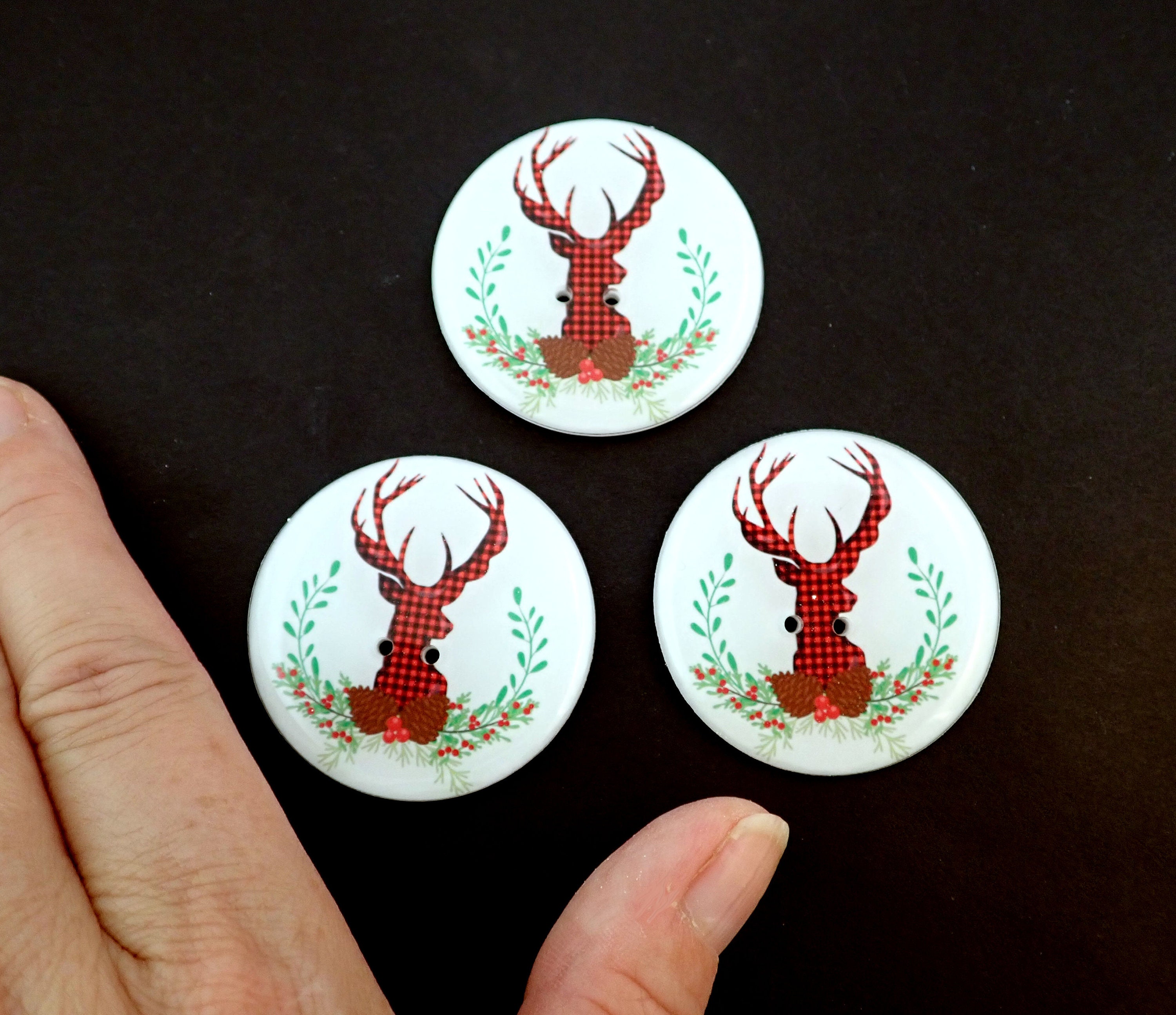 3 EXTRA LARGE Handmade Christmas Deer Sewing Buttons. Red and Etsy