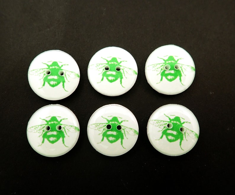 6 Handmade Lime Green Bee Buttons.