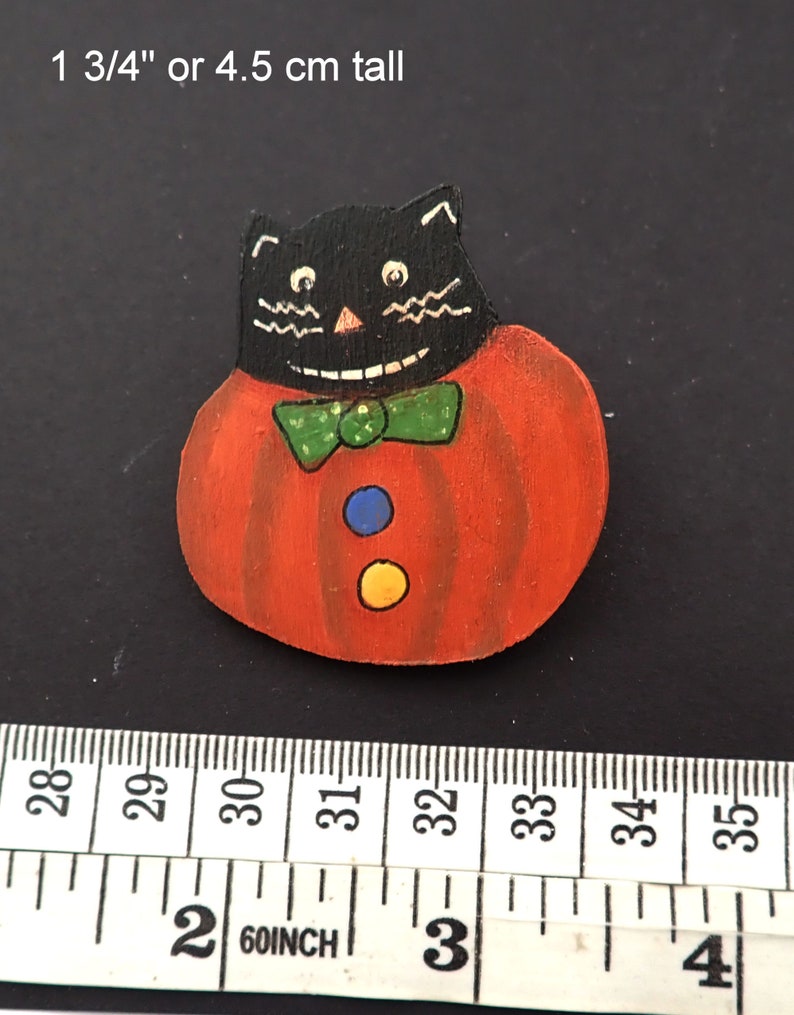 Hand Painted Wooden Cat in Pumpkin Halloween Pin or Brooch.