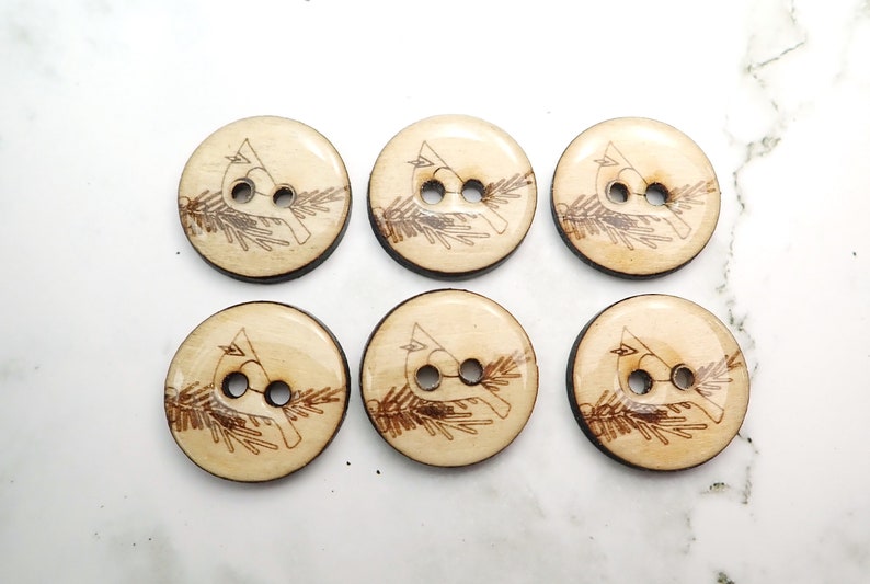 Set of 6 Handmade Wooden Cardinal Sewing Buttons. Assorted Sizes Available. image 3