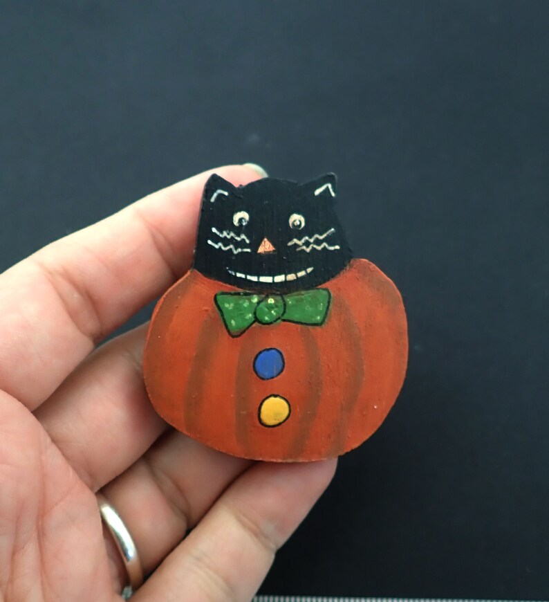 Hand Painted Wooden Cat in Pumpkin Halloween Pin or Brooch.