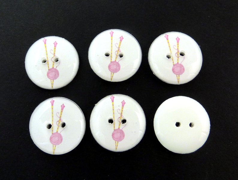 6 Knitting Themed Sewing Buttons Pink Knitting Needles and Yarn Buttons.