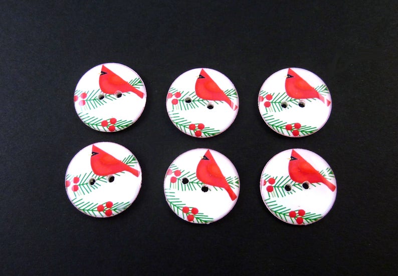 6 Bright Red Cardinal Christmas Buttons. Sew on Embellishment. Washer and Dryer Safe. Choose Your Size. image 1
