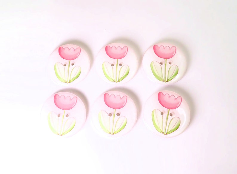 HANDMADE Buttons. Set of 6 Handmade Pink Flower or Tulip Sewing Buttons. Assorted Sizes Available. Extra large to Extra Small. image 2