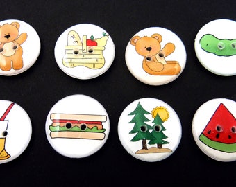 8 Picnic for Teddy Bears buttons. 3/4" or 20 mm. Washer and Dryer Safe.  Craft supplies.