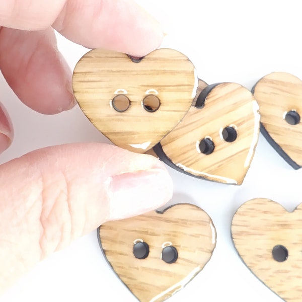 HANDMADE Wooden Heart Buttons. Set of 6 Handmade Heart Shaped Wooden Sewing Valentine's Buttons.  Washer and Dryer Safe.  Assorted Sizes.