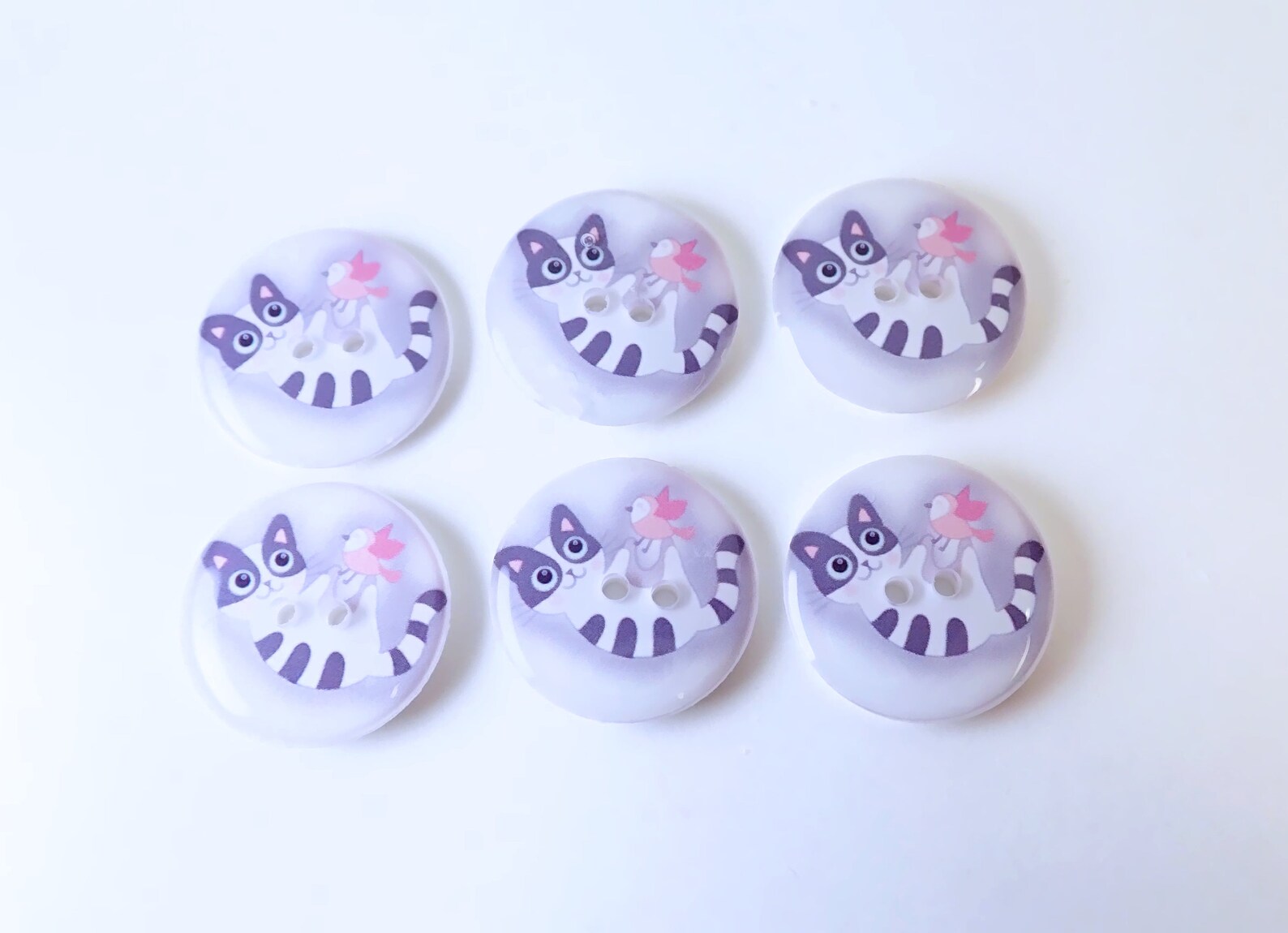 HANDMADE Buttons. 6 Grey Cat or Kitten and Pink Bird Sewing Buttons ...