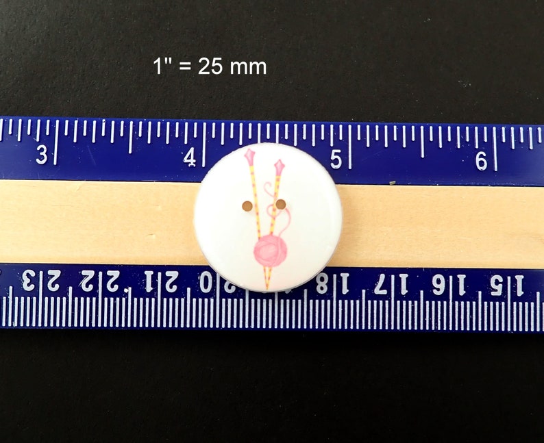 6 Knitting Themed Sewing Buttons Pink Knitting Needles and Yarn Buttons.