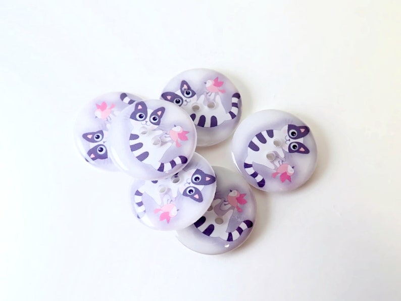HANDMADE Buttons. 6 Grey Cat or Kitten and Pink Bird Sewing Buttons ...