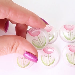 HANDMADE Buttons. Set of 6 Handmade Pink Flower or Tulip Sewing Buttons. Assorted Sizes Available. Extra large to Extra Small. image 4