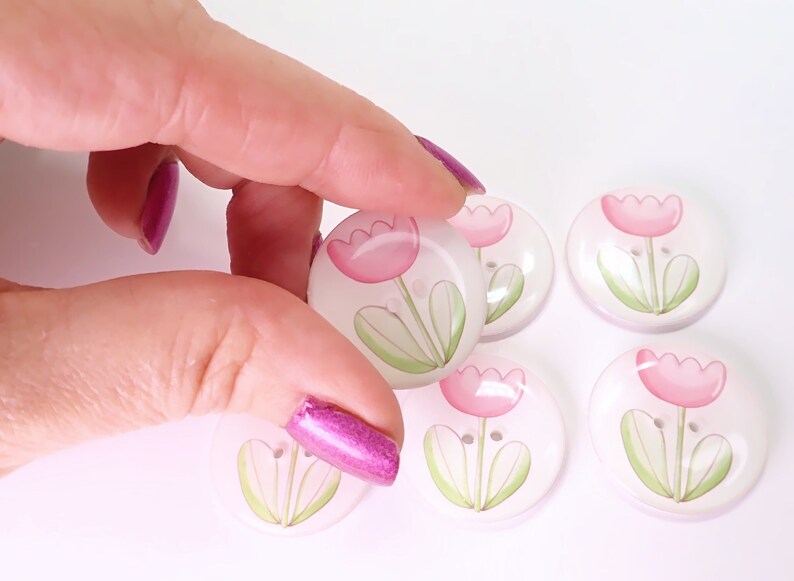 HANDMADE Buttons. Set of 6 Handmade Pink Flower or Tulip Sewing Buttons. Assorted Sizes Available. Extra large to Extra Small. image 4