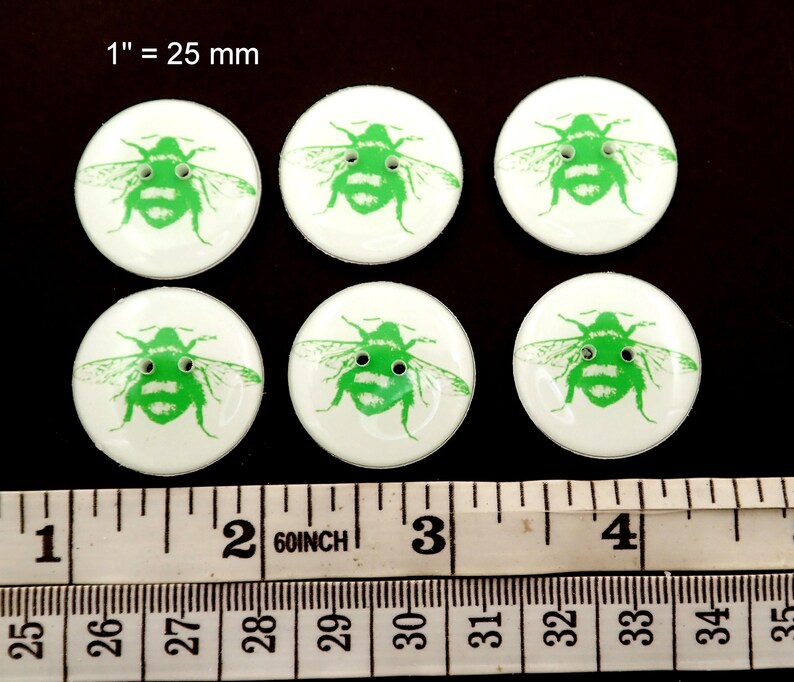 6 Handmade Lime Green Bee Buttons.