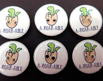 Set of 6 Cute Handmade Dinosaur Buttons - A Roar Able.  Baby Dinosaur in Egg.  Assorted Sizes Available.