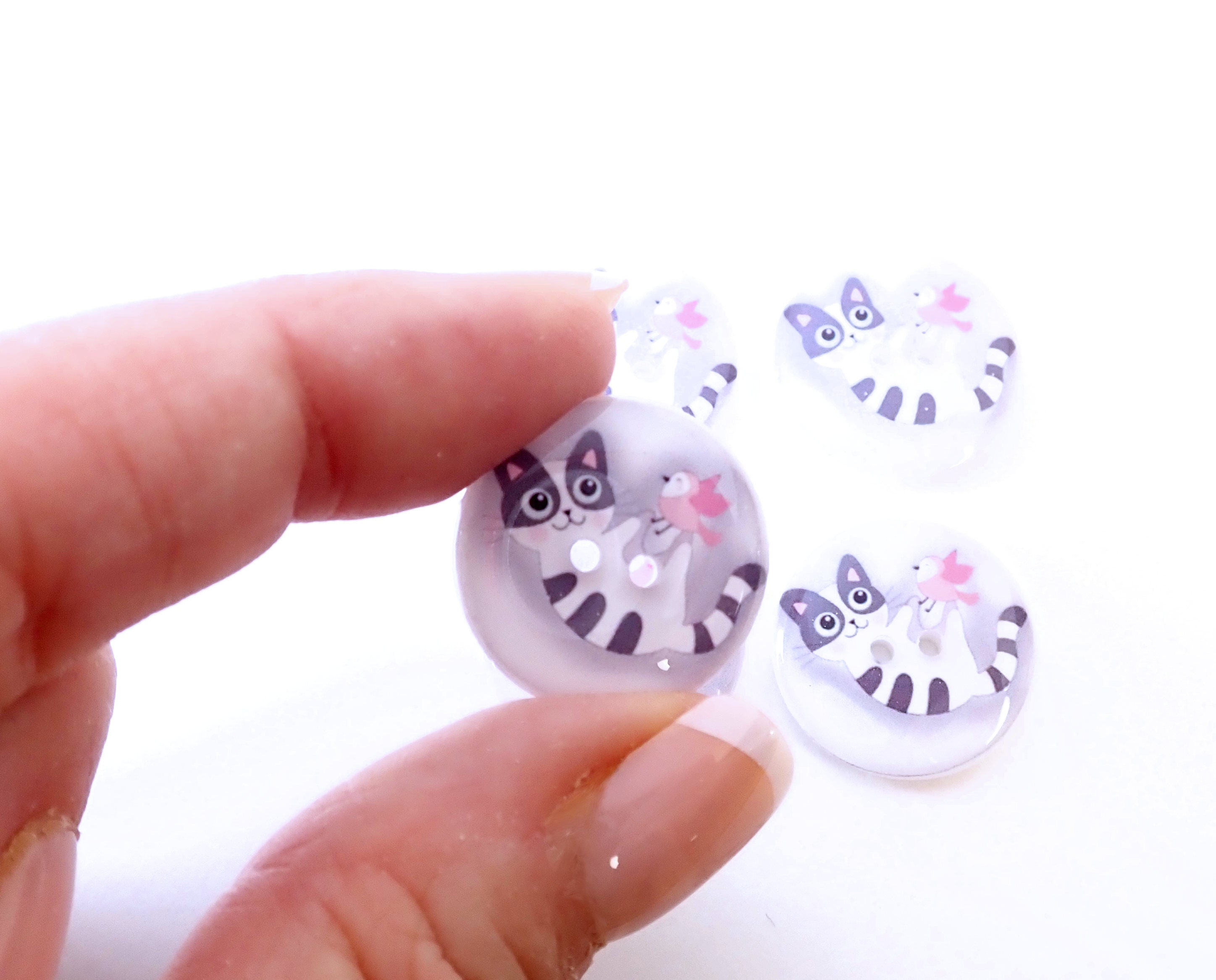 HANDMADE Buttons. 6 Grey Cat or Kitten and Pink Bird Sewing Buttons ...