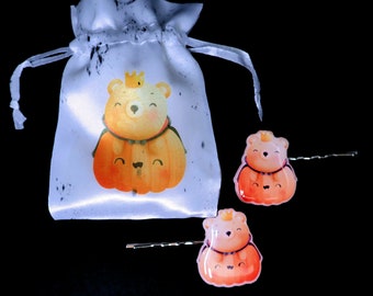 Two Halloween Pumpkin Bear Hair Pins with Matching Satin Storage Bag.  1 3/4" or 4.5 cm Hair Pins.