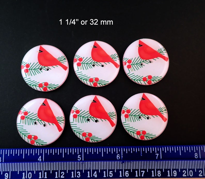 6 Bright Red Cardinal Christmas Buttons. Sew on Embellishment. Washer and Dryer Safe. Choose Your Size. 1 1/4" or 32 mm