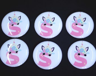 6 Unicorn Initial Buttons.  Choose Your Size and Initial.