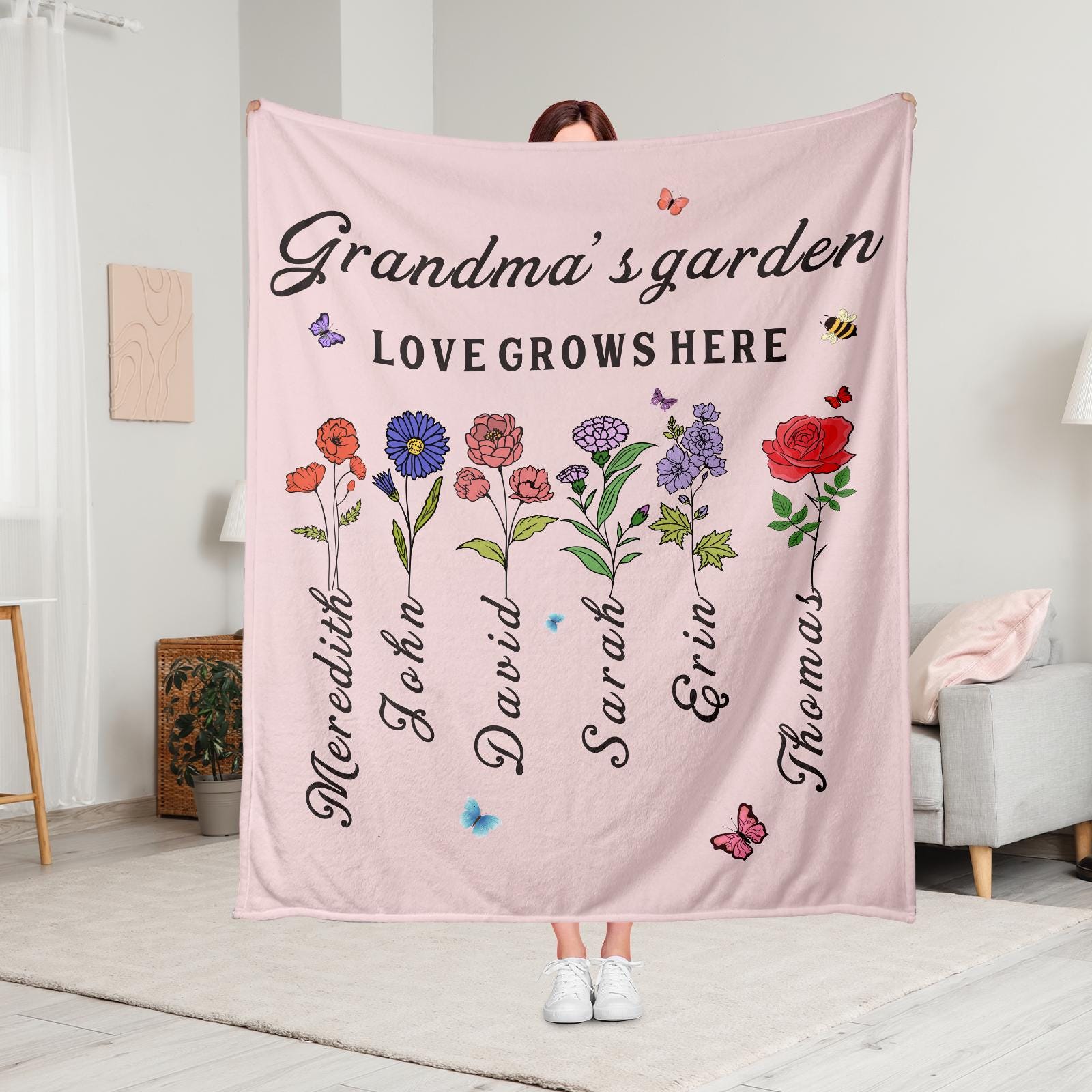Personalized Grandma Blanket,Custom Floral Throw,Grandkids Name Garden Blanket,Birthday Gift for Mom,Family Names Gift,Christmas Gift