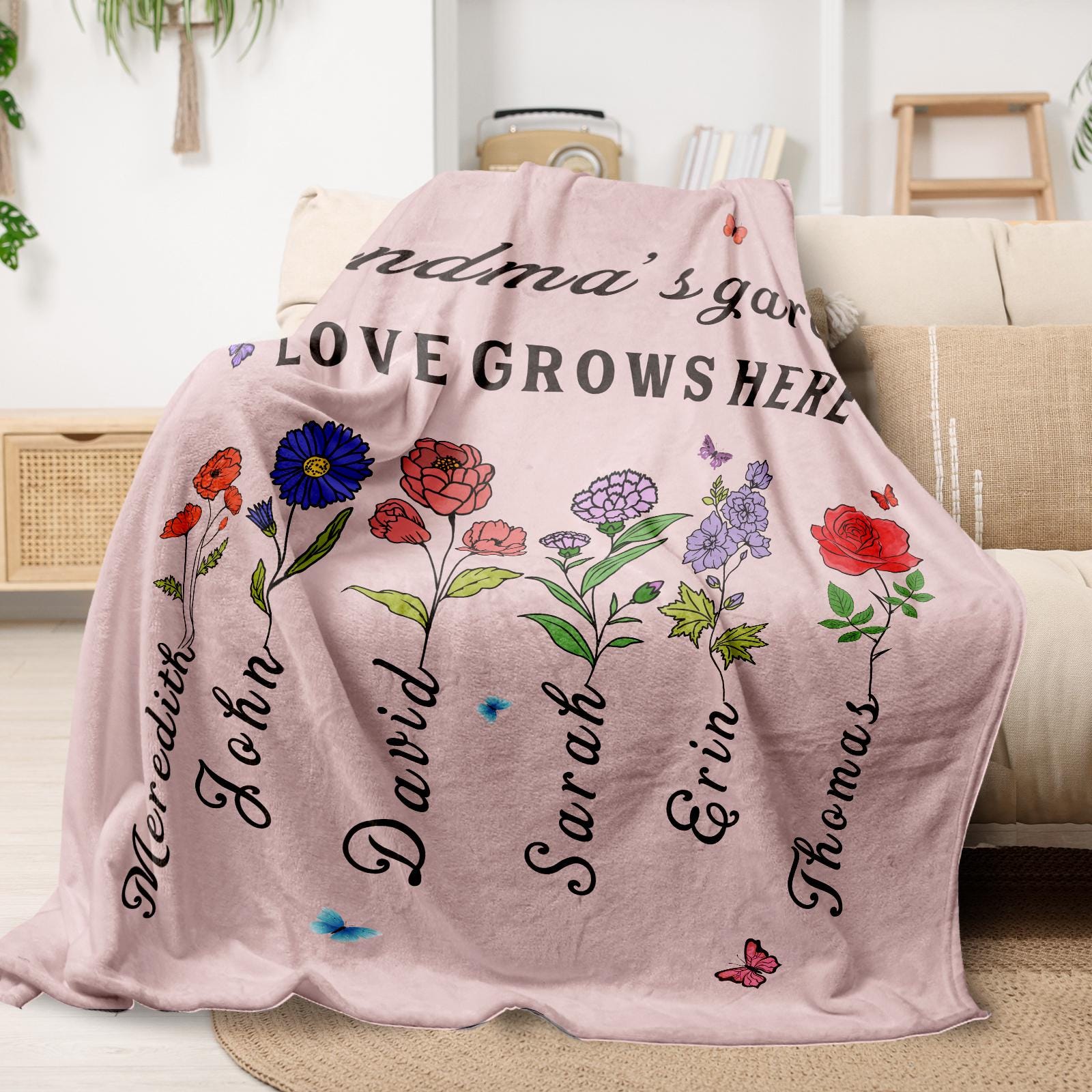 Personalized Grandma Blanket,Custom Floral Throw,Grandkids Name Garden Blanket,Birthday Gift for Mom,Family Names Gift,Christmas Gift
