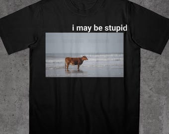 I May Be Stupid Cow on Beach Funny T-Shirt, Stupid Meme Shirt, Funny Meme Shirt, Brain Rot Shirt, Gen Z Meme Tees, Dumbest Shirt, Funny Tees
