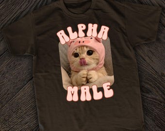 May include: A brown t-shirt with a pink pig-shaped hat on a cat with the text "ALPHA MALE" in pink letters.