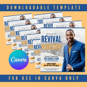 May include: A blue and yellow flyer with the text "Join us for the Revival Worship" and a photo of a man in a blue suit. The flyer also includes the text "Guest Preacher Rev. Daniel Park" and the dates "Sunday-Tuesday, May 14th-16th @ 7PM nightly".