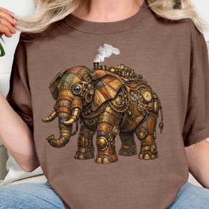 Camiseta de elefante steampunk, camiseta de elefante mecánico, camiseta vintage de elefante patchwork, arte steampunk de fantasía