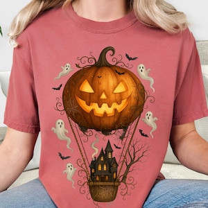 Pumpkin Hot Air Balloon Halloween Shirt, Gothic Steampunk Spooky Flying Castle T-Shirt