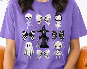 Comfort Colors Creepy Halloween T-Shirt, Gothic Bows, Spooky Witch Tee