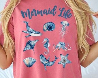 Watercolor Sea Creatures Mermaid Life T-Shirt, Comfort Colors Tee