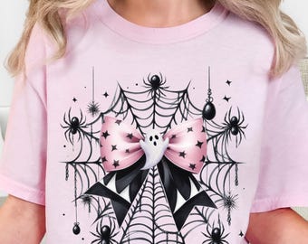 Kawaii Ghost Bow T-Shirt: Pastel Goth Spiderweb Halloween Tee