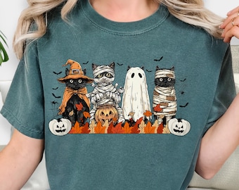 Comfort Colors Black Cat Halloween T-Shirt, Cute Costume Cats, Spooky Season Tee