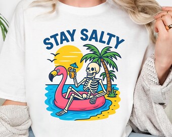 Stay Salty Skeleton T-Shirt: Beach Flamingo Float Tee (Comfort Colors)