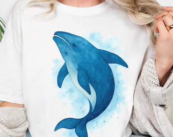 Blue Whale Graphic Tee: Sea Life Watercolor Ocean Shirt