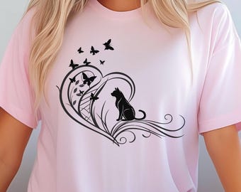 Floral Cat Silhouette T-shirt: Whimsical Butterfly Tee, Cat Mom Gift