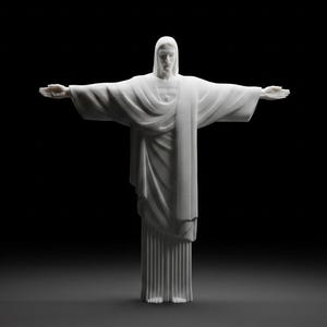 May include: A white statue of a figure with arms outstretched to the sides, wearing a long, draped robe with vertical pleats at the base. The figure has a smooth, matte finish and stands in a centred, symmetrical pose against a dark background.