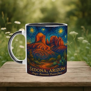May include: White ceramic mug with a black interior and handle, featuring a colorful painting of the Sedona, Arizona landscape under a starry night sky. The mug has the text "Sedona, Arizona Magic Beneath Desert Stars".
