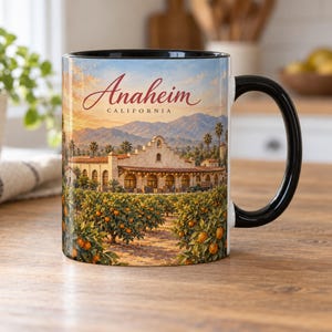 Anaheim California Watercolor Mug – Mission Revival Packing House, Orange Groves & Santa Ana Mountains