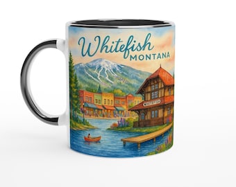 Whitefish Montana Watercolor Mug – Downtown, Lake, Mountain Views & Summer Charm | Small Town Montana Gift