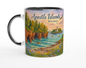 Apostle Islands Watercolor Mug – Sea Caves, Lighthouse, Pine Forest & Lake Superior | Wisconsin Adventure Gift