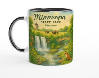 Minneopa State Park Watercolor Mug – Double Waterfalls, Bison Prairie & Historic Mill | Minnesota Nature Gift
